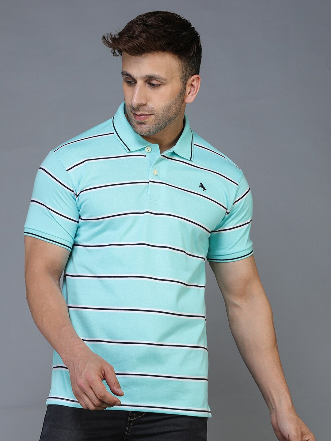 

TQS Striped Polo Collar Regular Fit Cotton T-Shirt, Blue