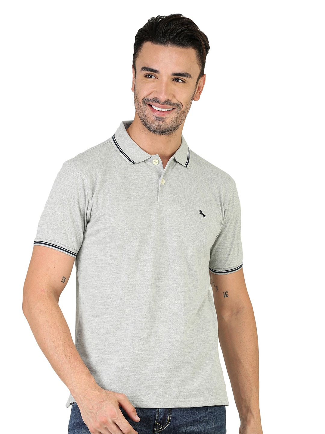 

TQS Polo Collar Slim Fit Cotton T-Shirt, Grey melange