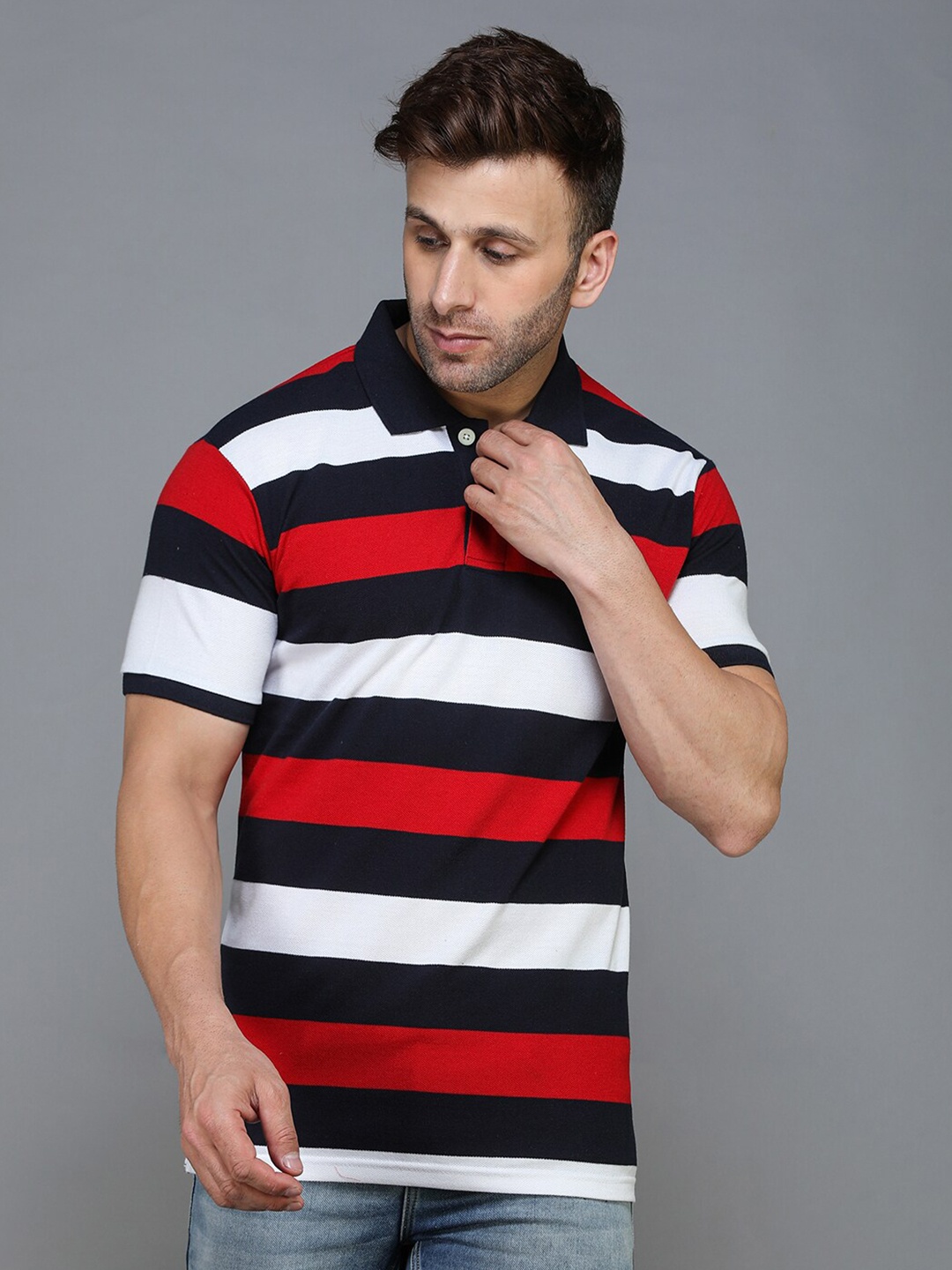 

TQS Striped Printed Polo Collar Regular Fit Cotton T-Shirt, Red