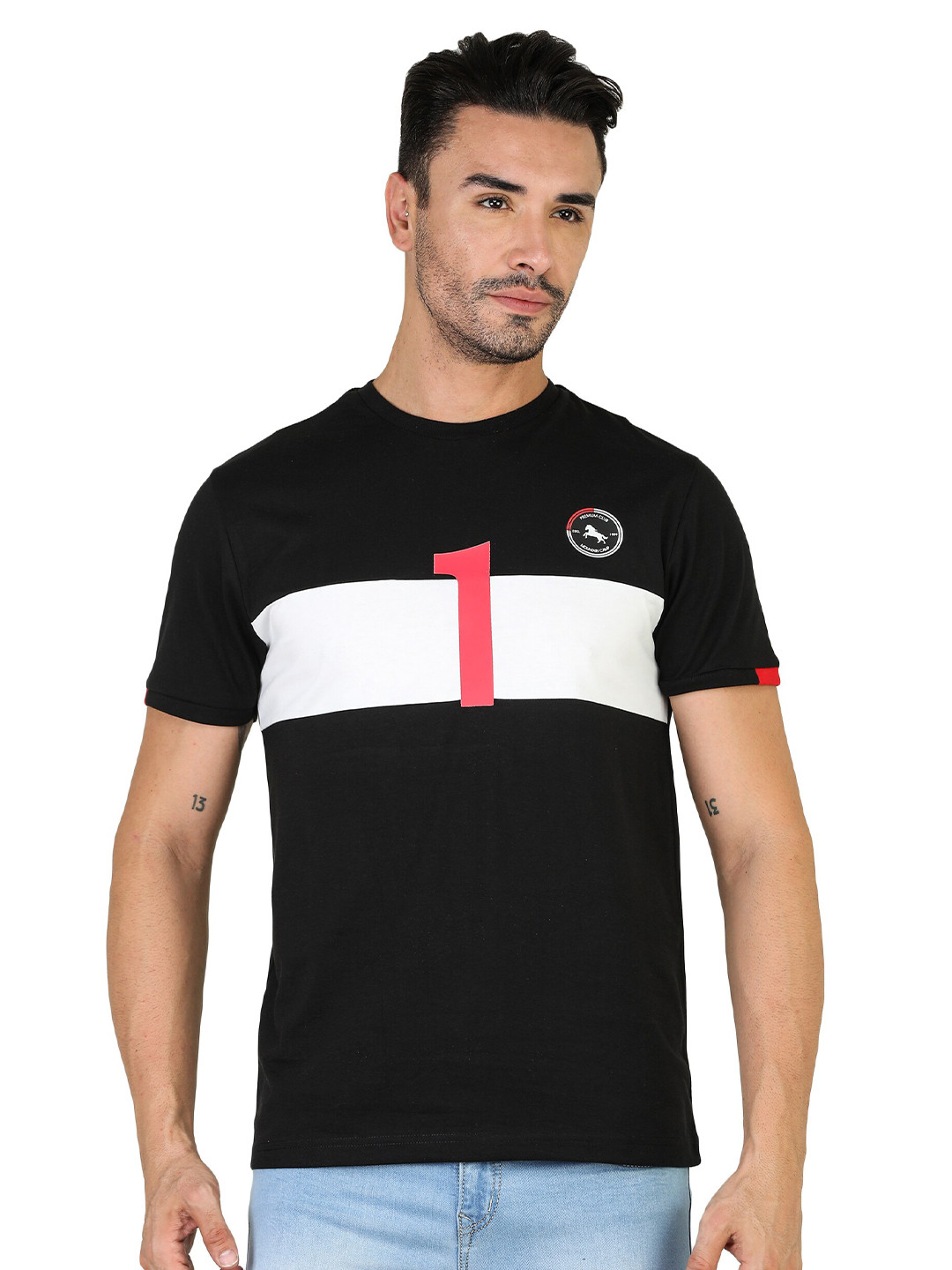 

TQS Colourblocked Polo Collar Slim Fit Cotton T-Shirt, Black
