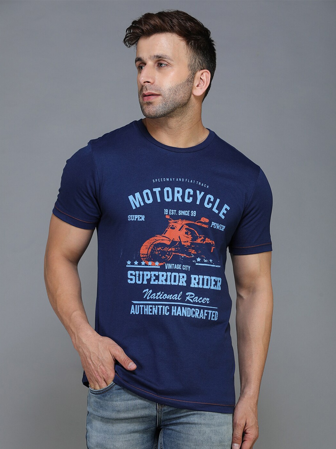 

TQS Men Red Typography Printed Regular Fit Cotton Casual T-shirt, Blue