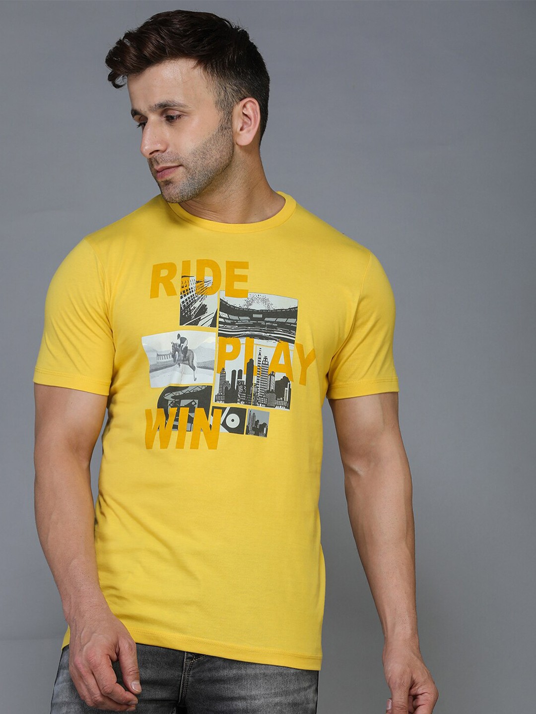

TQS Typography Printed Slim Fit Pure Cotton Casual T-shirt, Yellow
