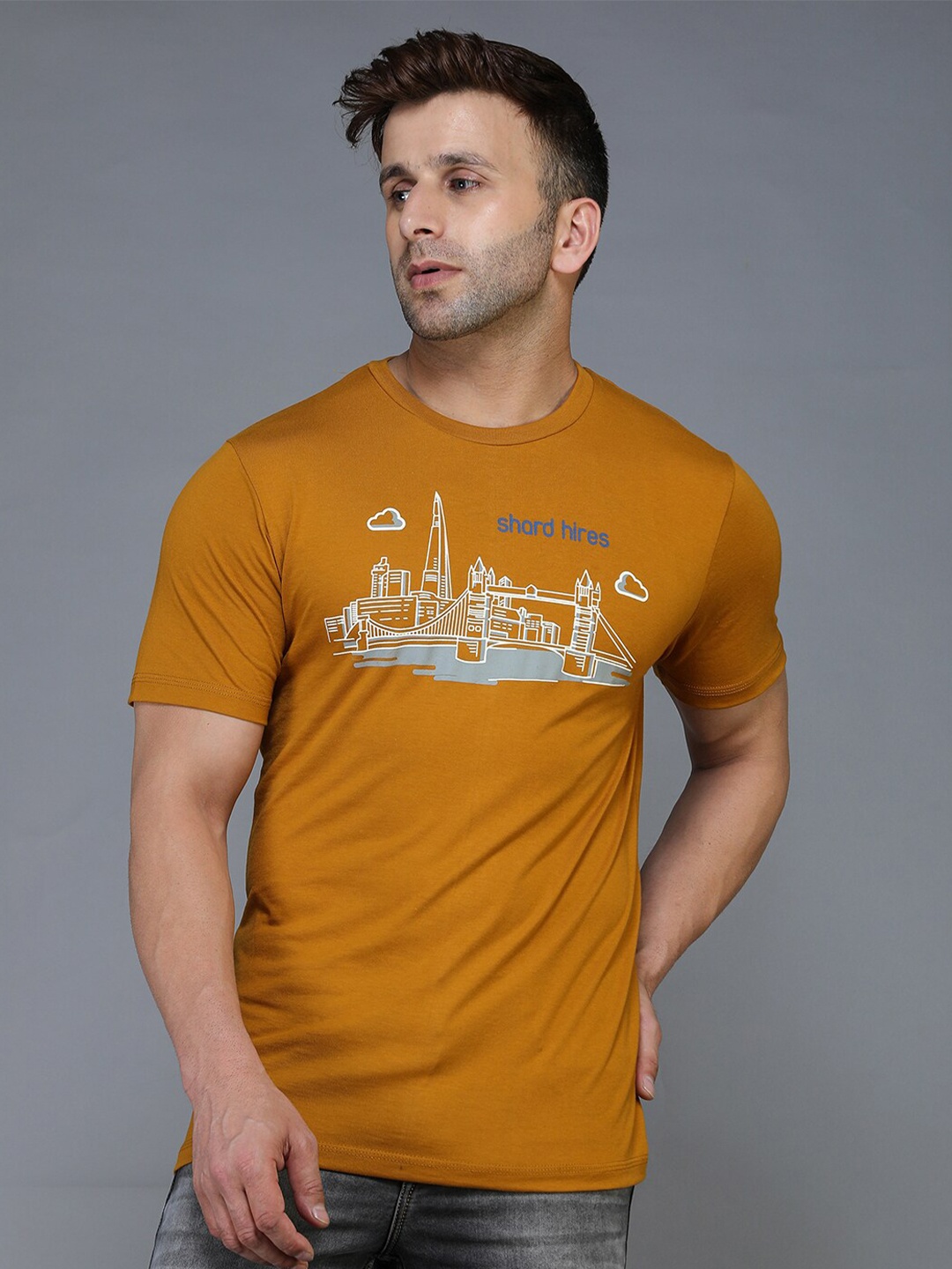 

TQS Graphic Printed Regular Fit Round Neck Cotton Casual T-Shirt, Mustard