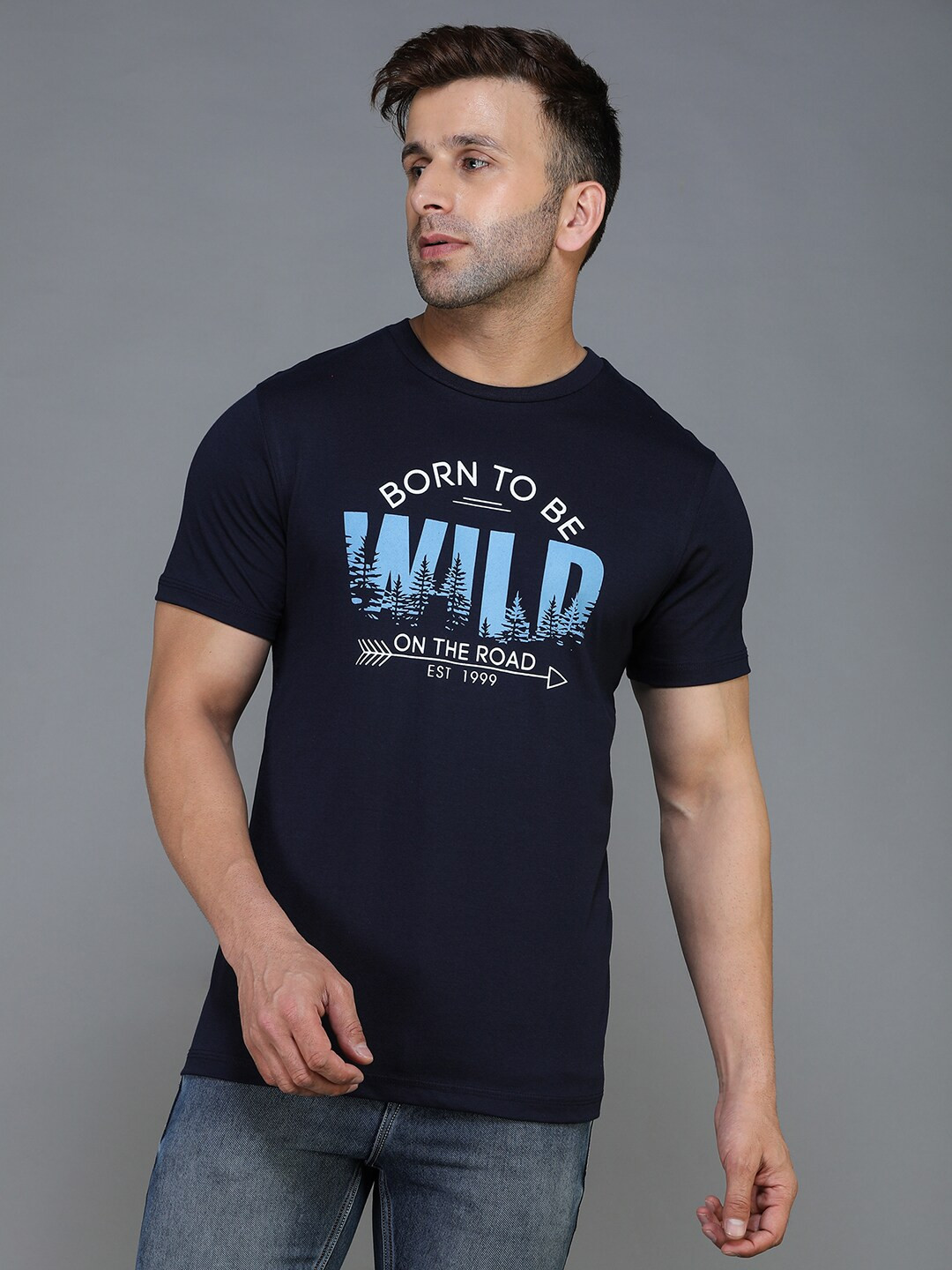 

TQS Typography Printed Regular Fit Round Neck Cotton Casual T-Shirt, Navy blue