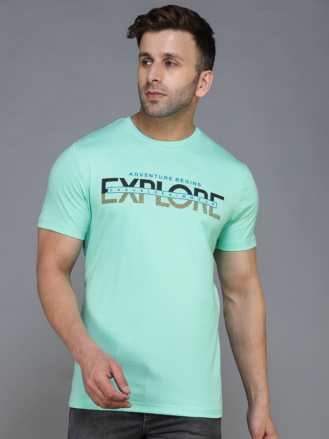 

TQS Typography Printed Regular Fit Round Neck Cotton Casual T-Shirt, Green