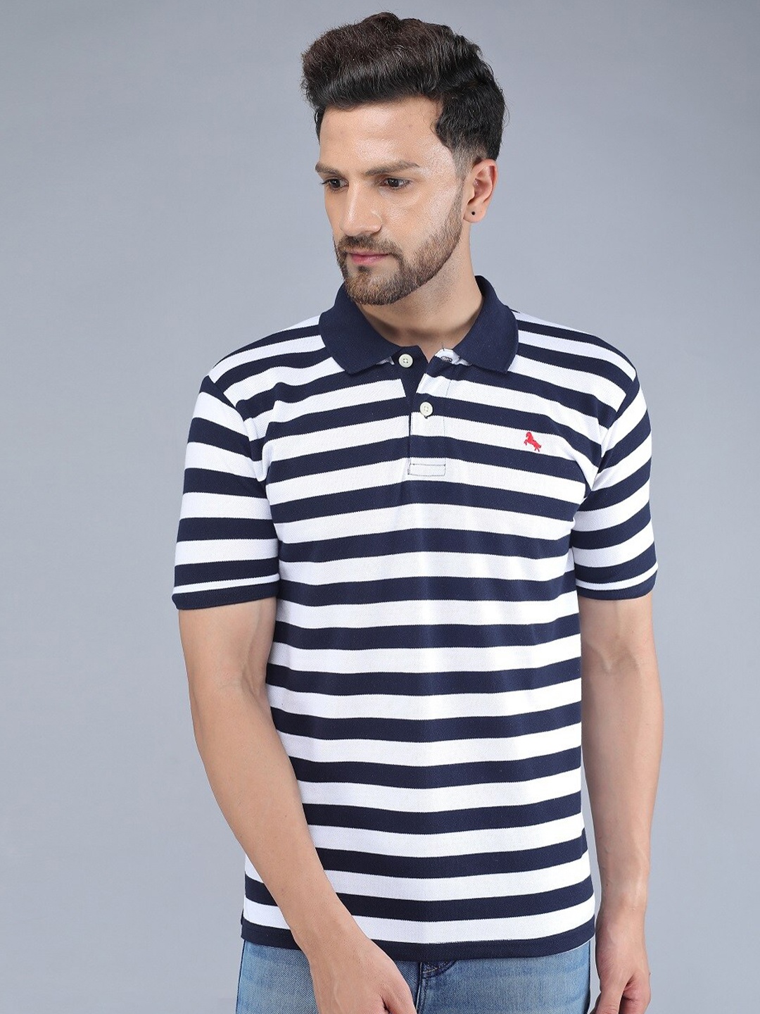 

TQS Striped Polo Collar Slim Fit Cotton T-Shirt, Navy blue