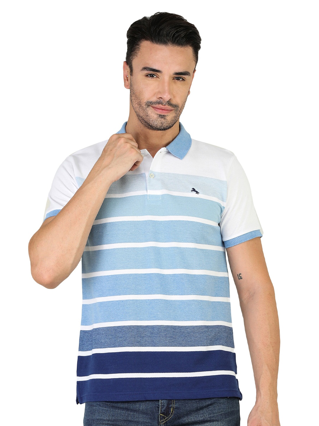 

TQS Striped Polo Collar Slim Fit Cotton T-Shirt, White