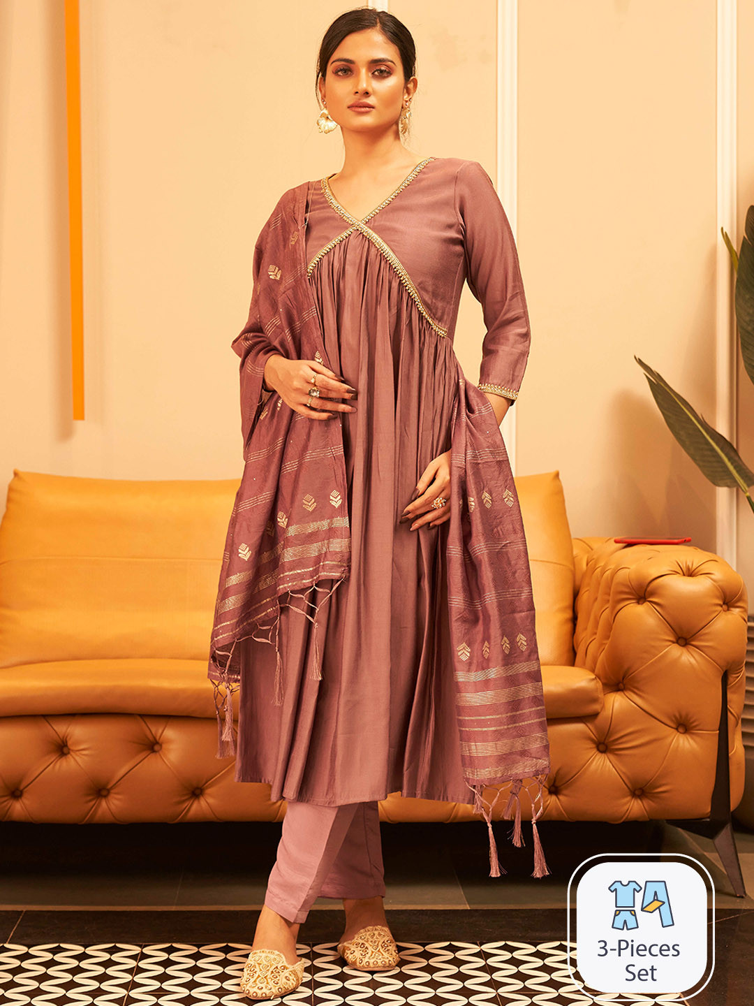 

Tikhi Imli A-Line Kurta & Trousers With Dupatta, Lavender