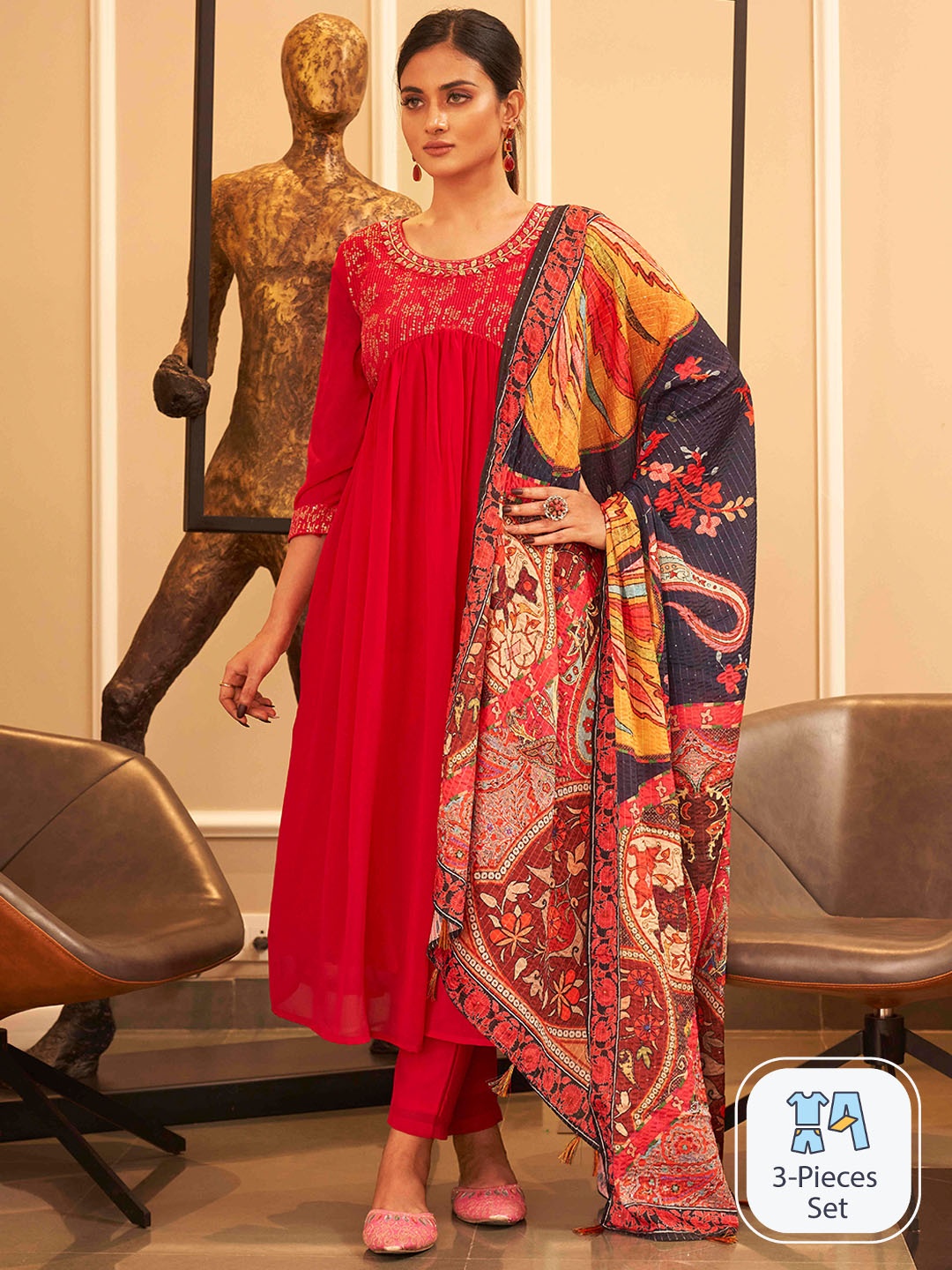 

Tikhi Imli Yoke Design Empire Sequinned Kurta With Trousers & Dupatta, Red