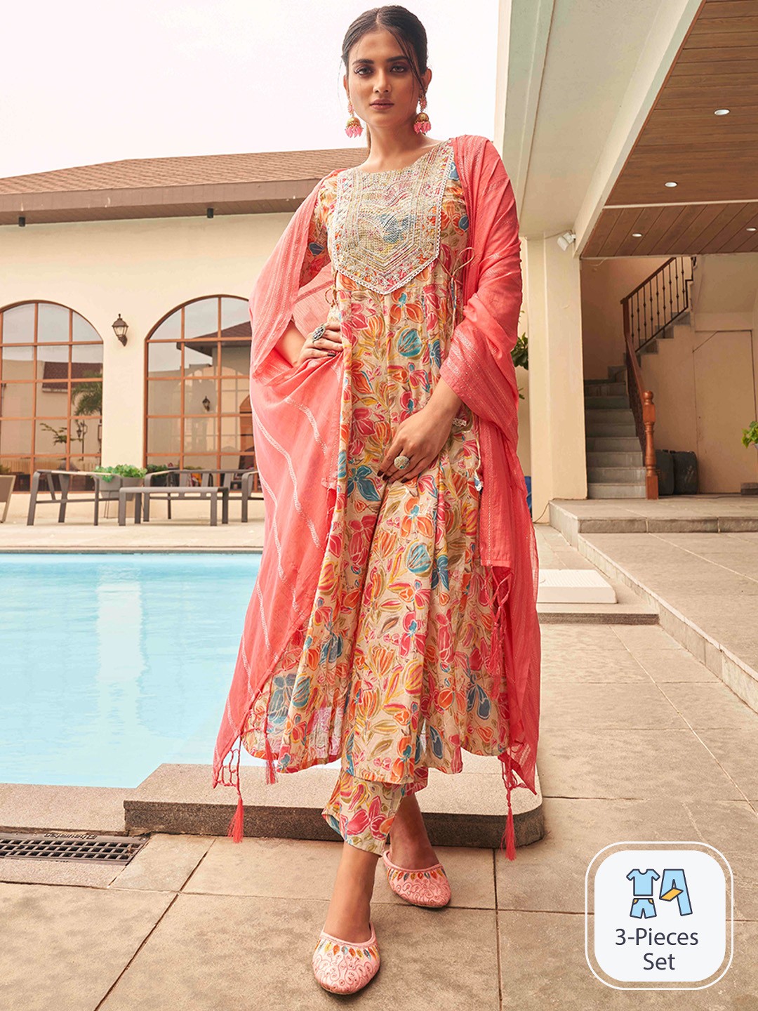 

Tikhi Imli Floral Yoke Design Panelled Sequinned Kurta With Trousers & Dupatta, Pink