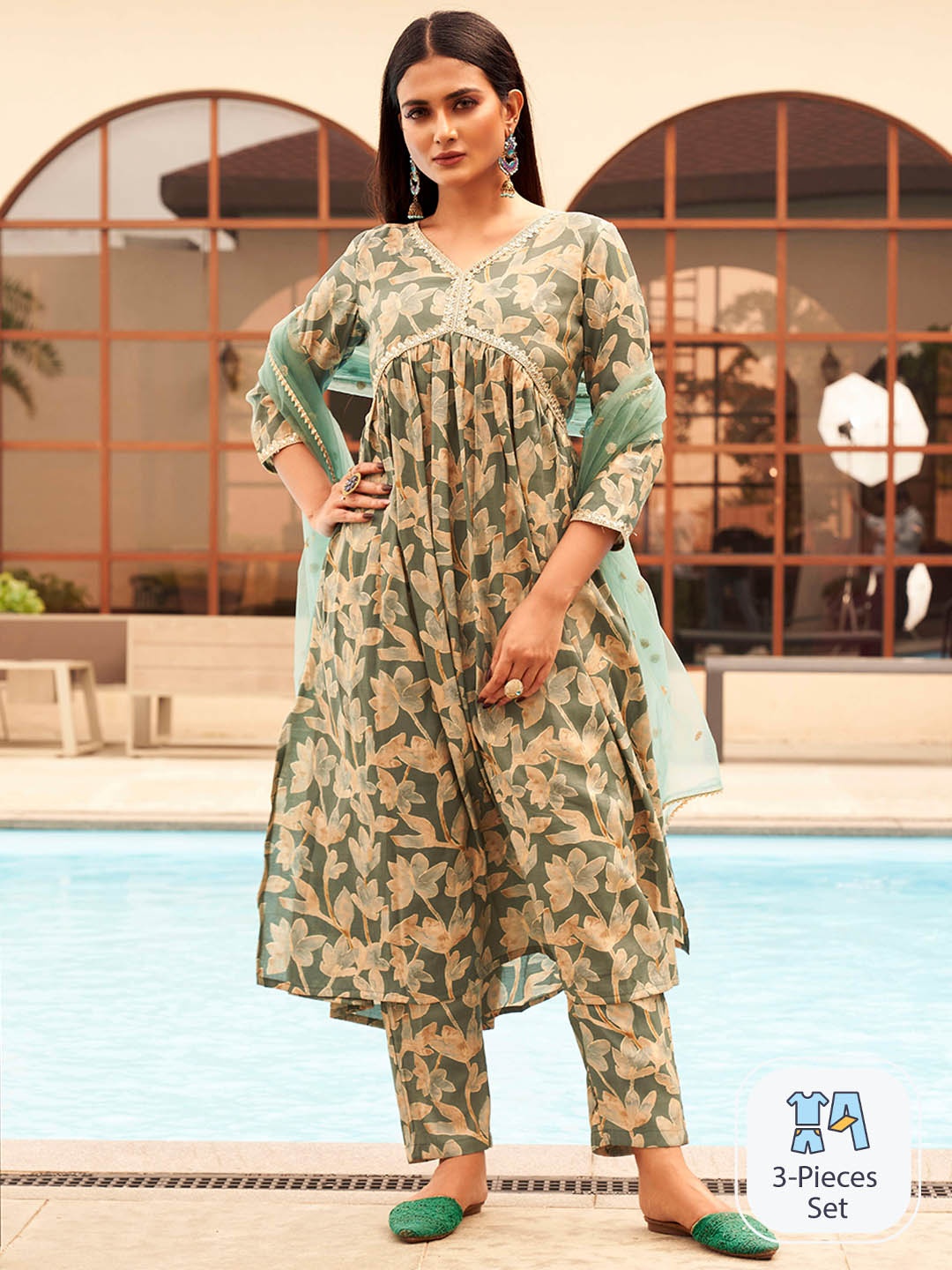 

Tikhi Imli Floral Printed Pleated Sequinned Kurta With Trousers & Dupatta, Teal