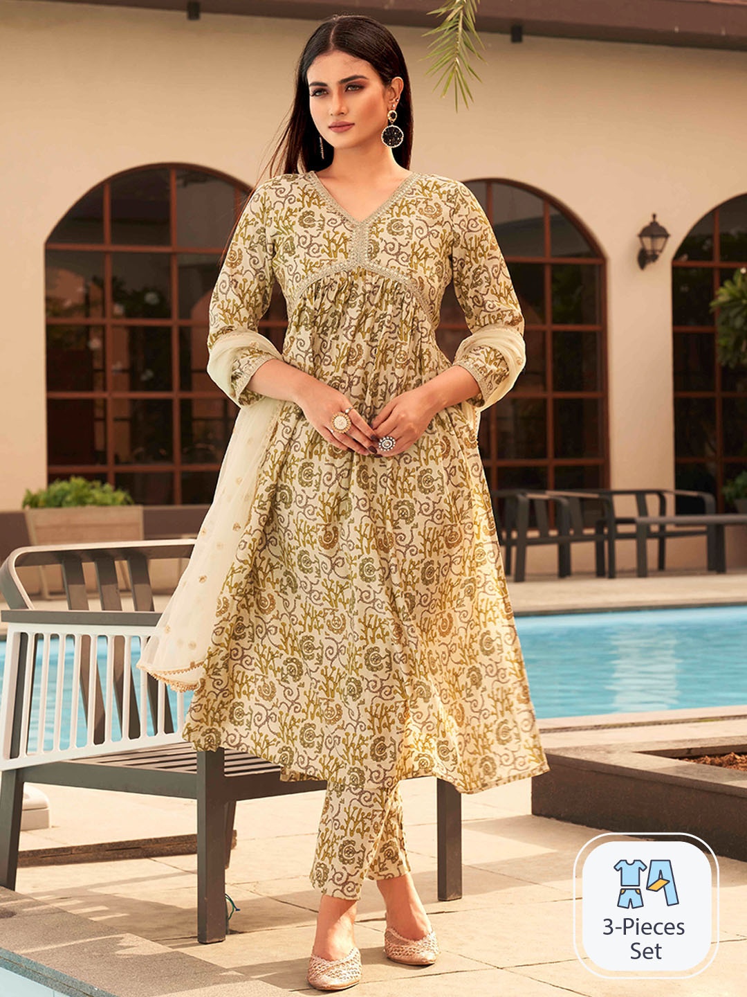 

Tikhi Imli Ethnic Motifs Printed Empire Kurta With Trousers & Dupatta, Cream