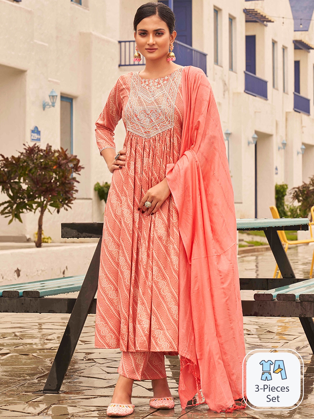 

Tikhi Imli Bandhani Printed Pleated Sequinned Kurta With Trousers & Dupatta, Peach