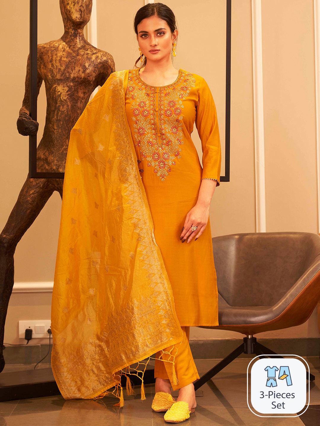 

Tikhi Imli Ethnic Motifs Embroidered Yoke Design Regular Kurta With Trousers & Dupatta, Mustard