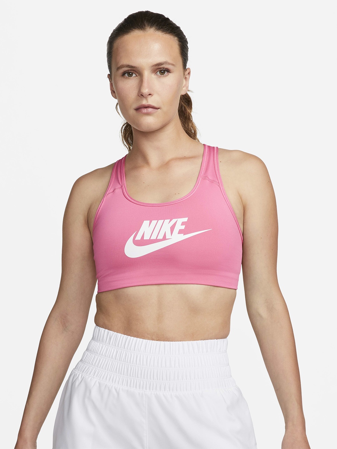 

Nike Swoosh Brand Logo Printed Medium-Support Sports Bra, Pink