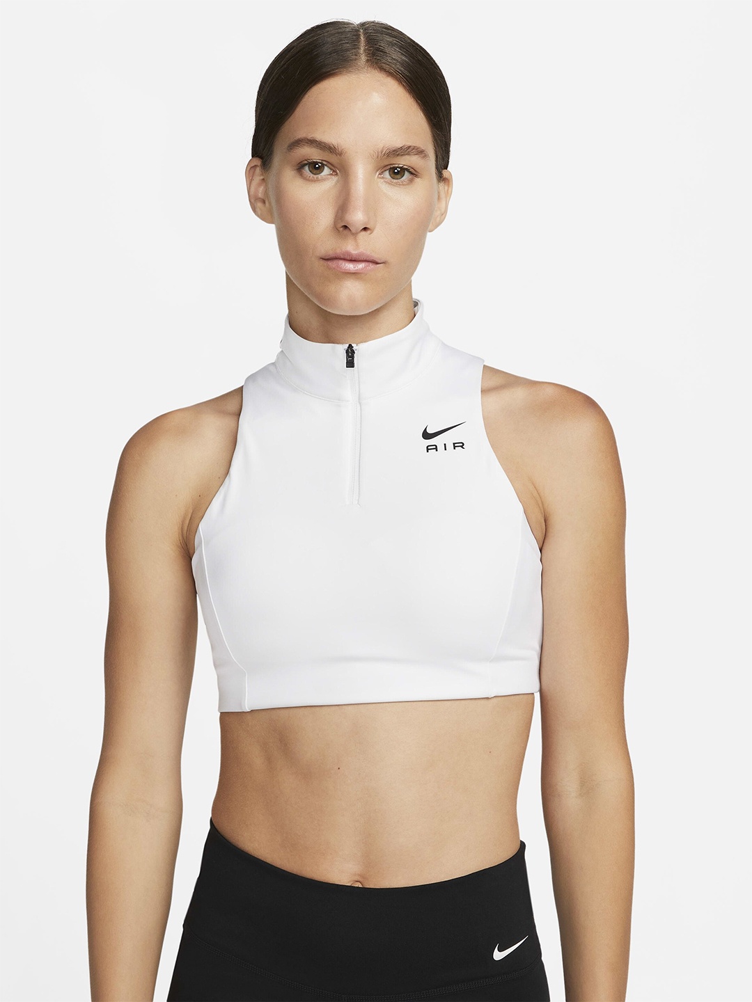 

Nike Lightly Padded Air Swoosh Mock-Zip Medium-Support 1-Piece Pad 1/2-Zip Sports Bra, White