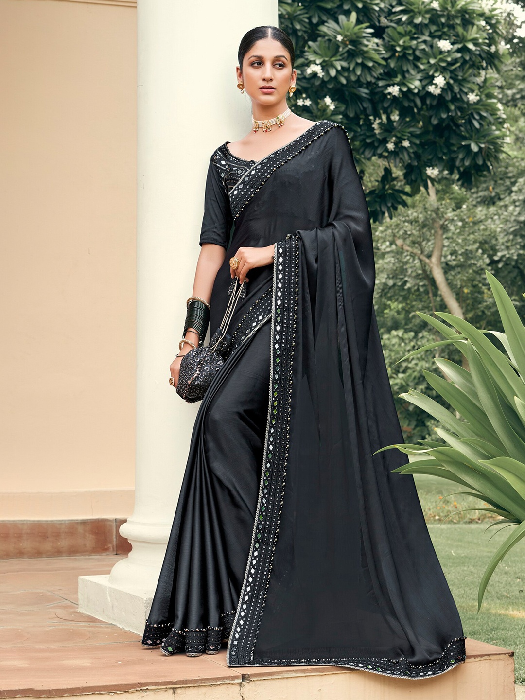 

Mitera Mirror Work Pure Chiffon Saree, Black