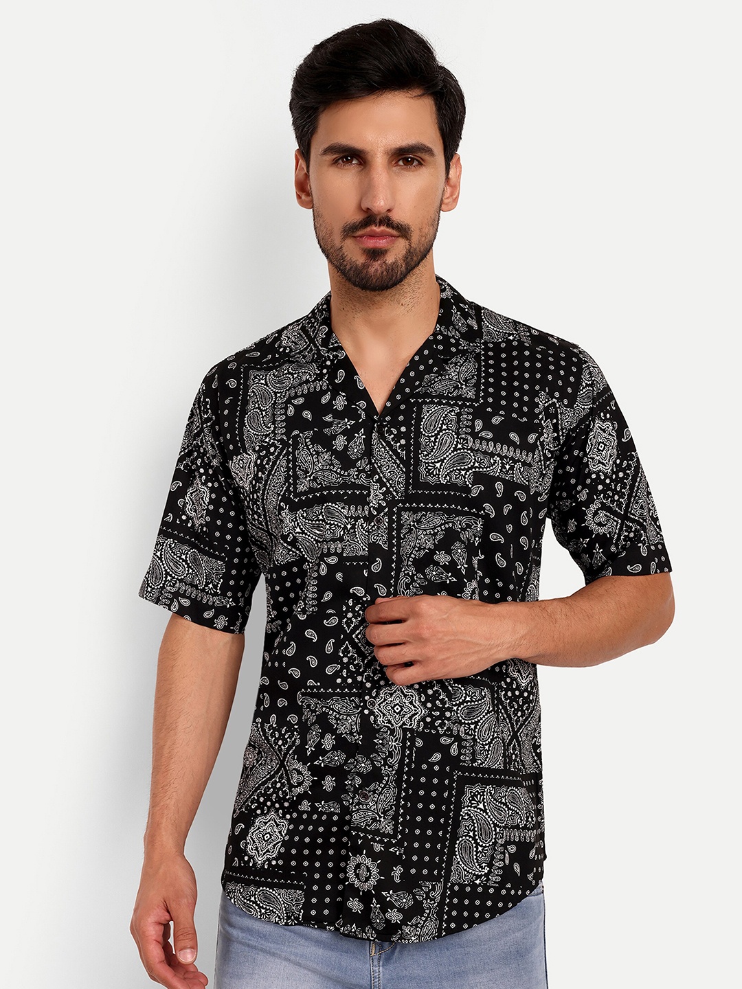 

Urban Scissors India Slim Slim Fit Ethnic Motifs Printed Spread Collar Cotton Casual Shirt, Black