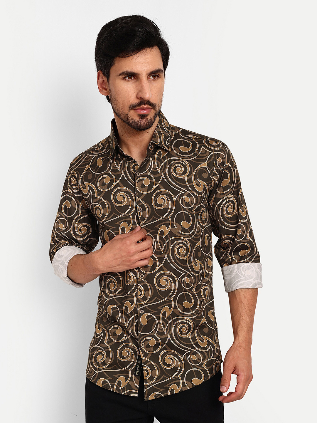 

Urban Scissors India Slim Slim Fit Ethnic Motifs Printed Spread Collar Cotton Casual Shirt, Brown