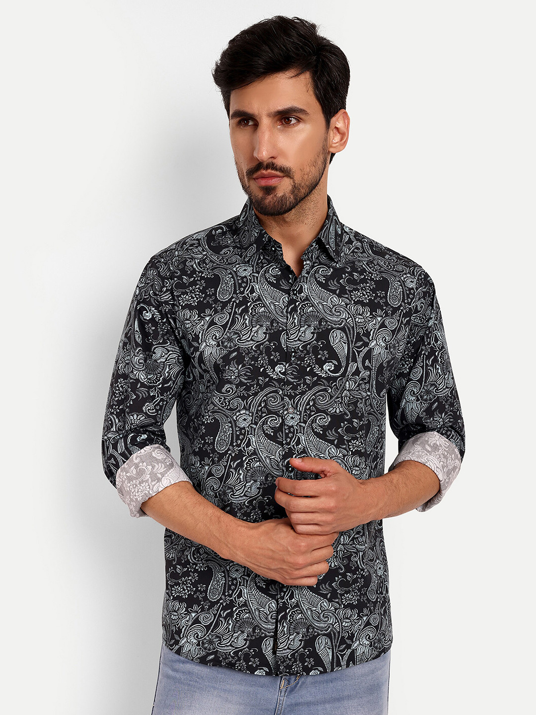 

Urban Scissors Ethnic Printed Indian Slim Slim Fit Pure Cotton Casual Shirt, Black