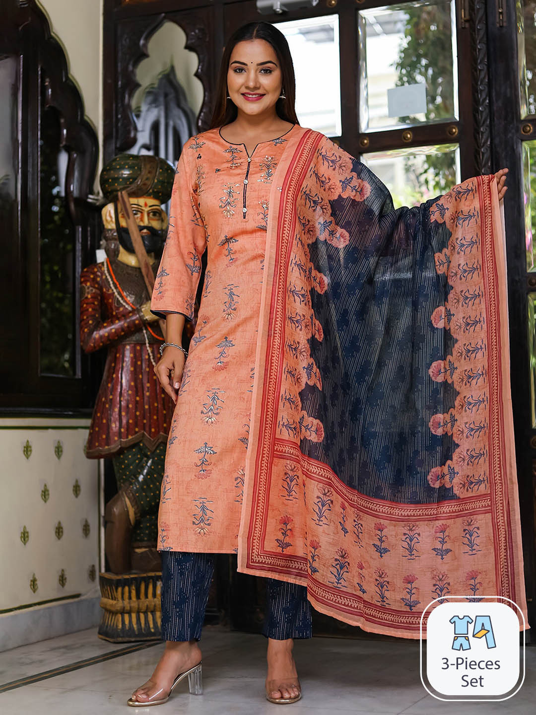 

misbis Women Ethnic Motifs Printed Sequinned Kurta with Trousers & With Dupatta, Peach