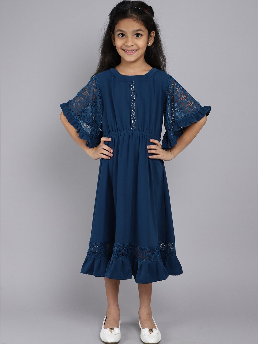 

Little Angels Girls Flutter Sleeves A-Line Midi Dress, Navy blue