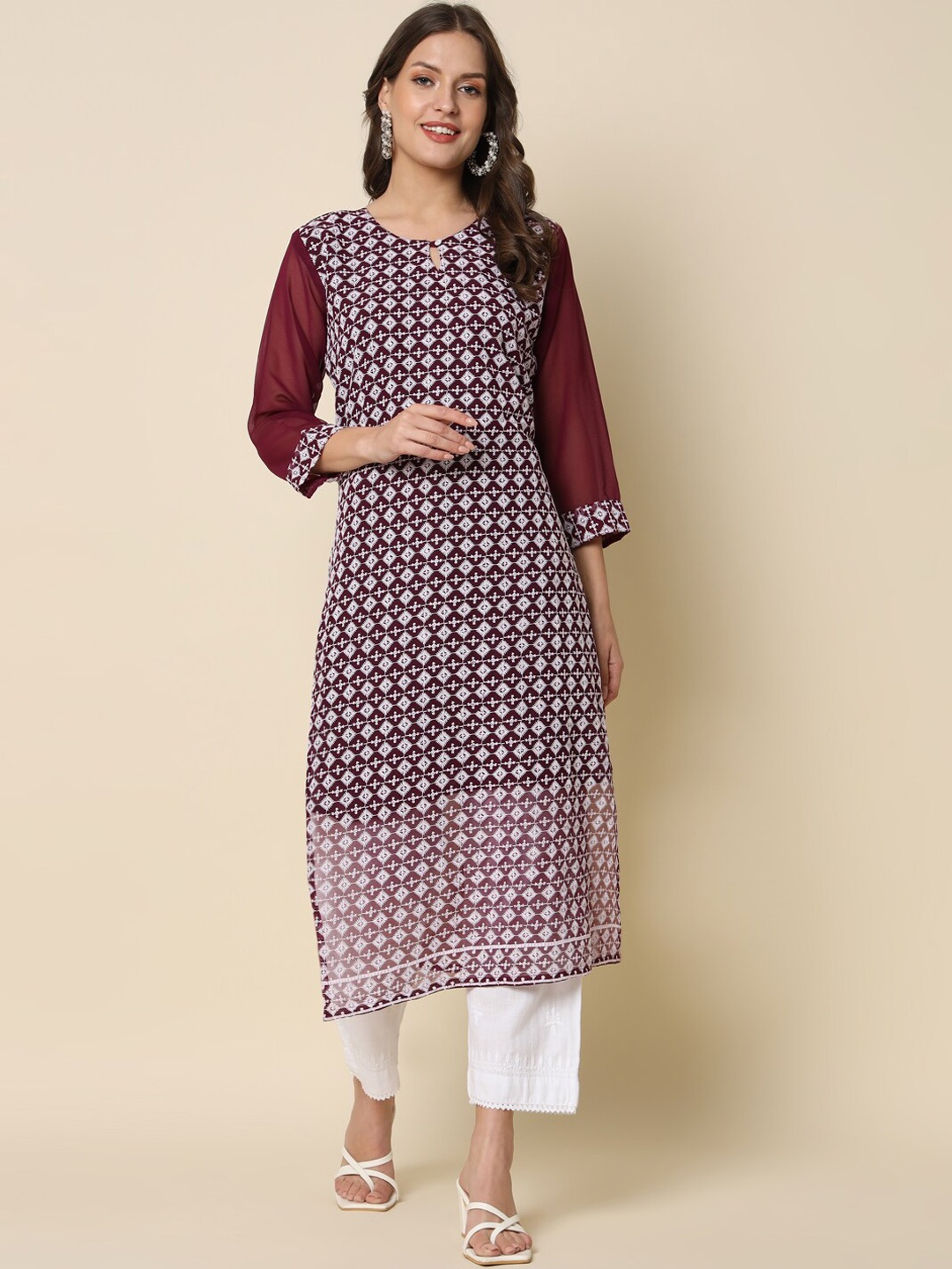 

PPTOSS Ethnic Printed Keyhole Neck Georgette Casual Kurta, Purple