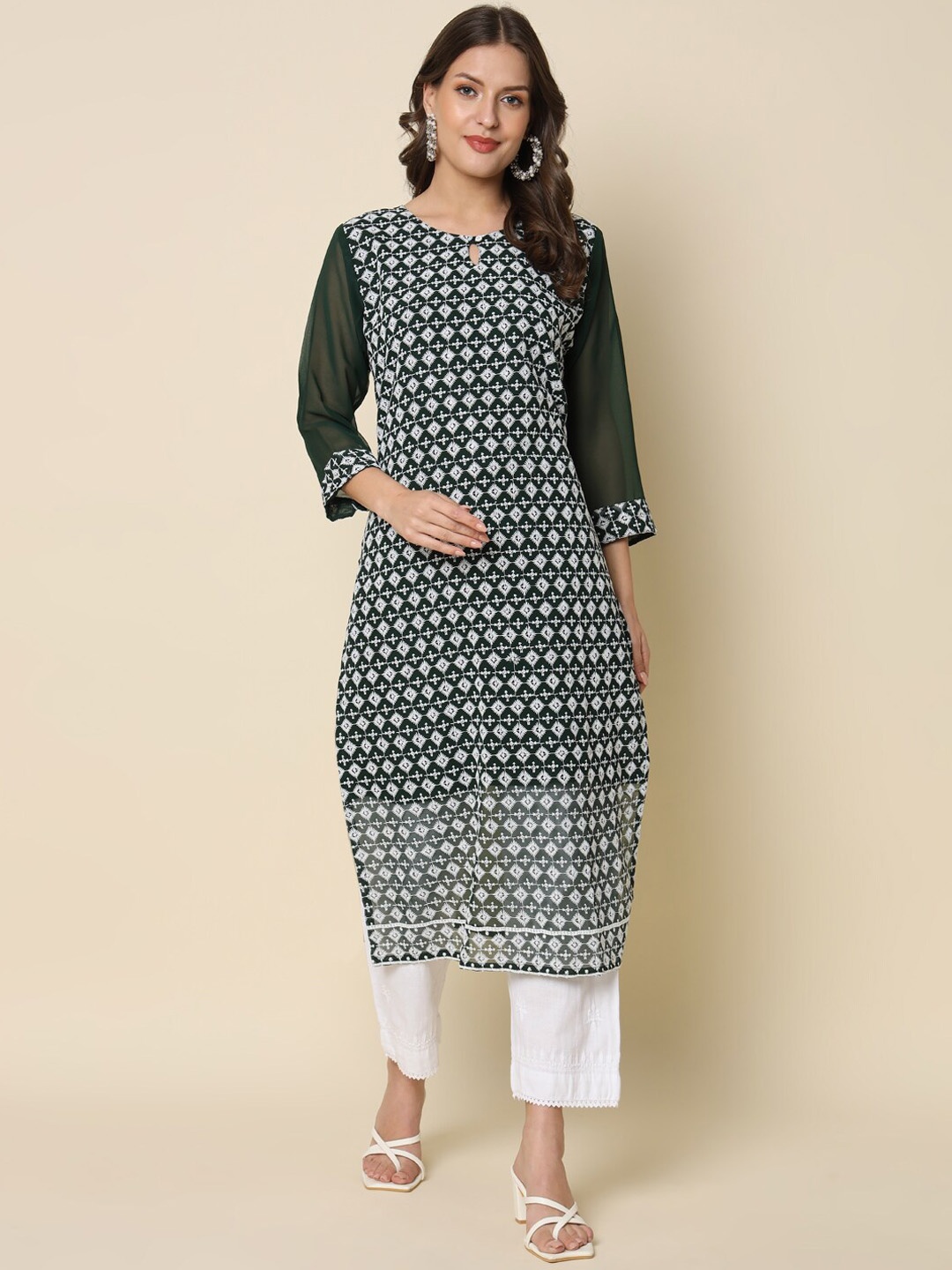 

PPTOSS Ethnic Printed Keyhole Neck Georgette Casual Kurta, Green