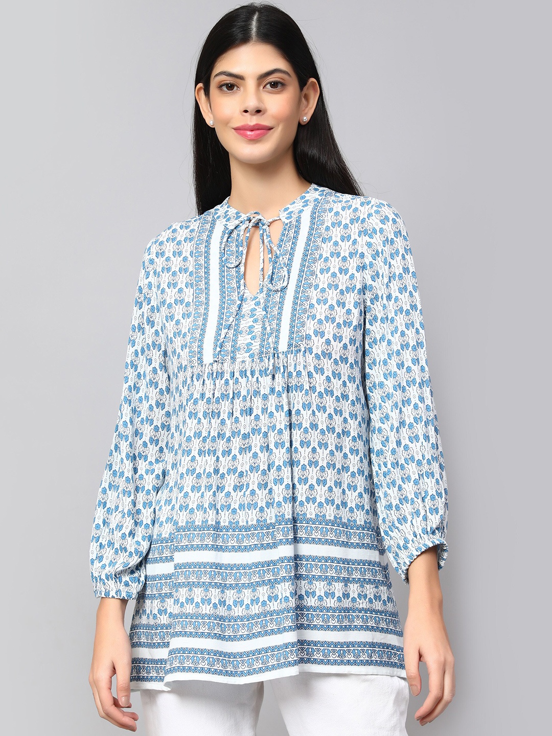 

Amagyaa Floral Printed Tie-Up Neck Puff Sleeve Pure Cotton Top, Blue