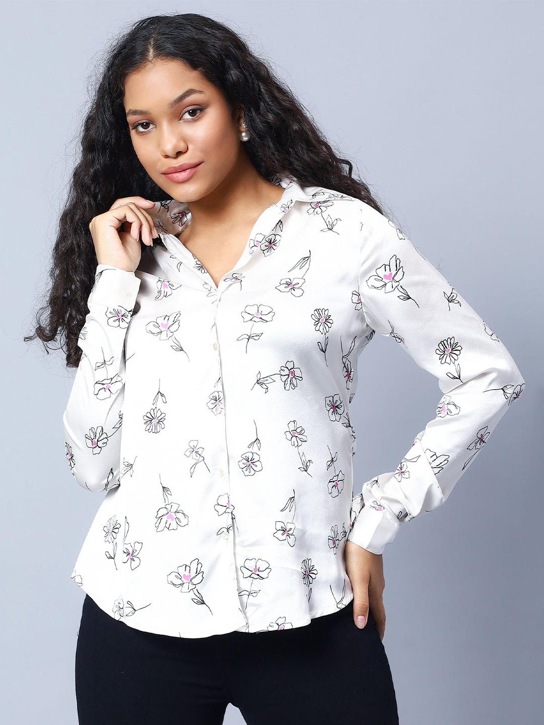 

Amagyaa Floral Printed Cuffed Sleeve Satin Shirt Style Top, White