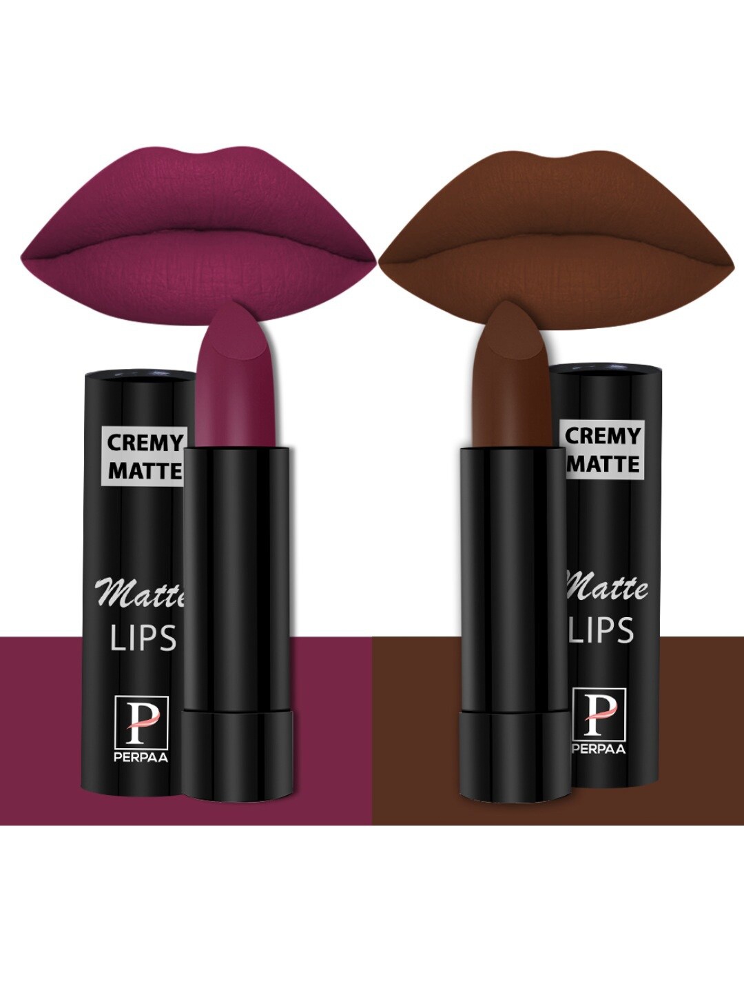 

PERPAA Set of 2 Creamy Matte Bullet Lipstick 3.5g Each - Cherry Red 52 & Cocoa Brown 67, Magenta