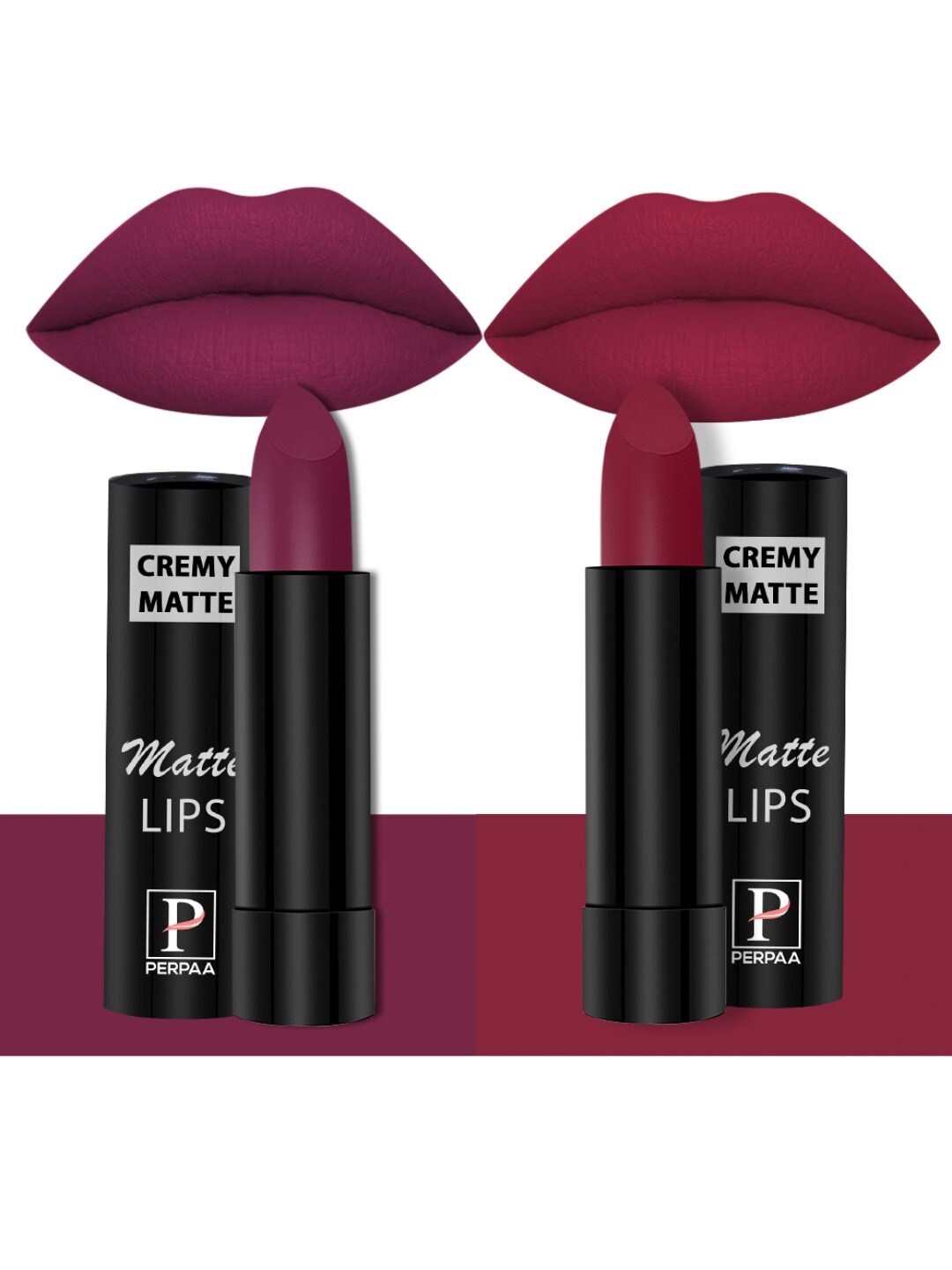 

PERPAA Creamy Matte 2-Pcs Long Lasting Bullet Lipstick -Cherry Red 52 - Candy Pink 87, Multi