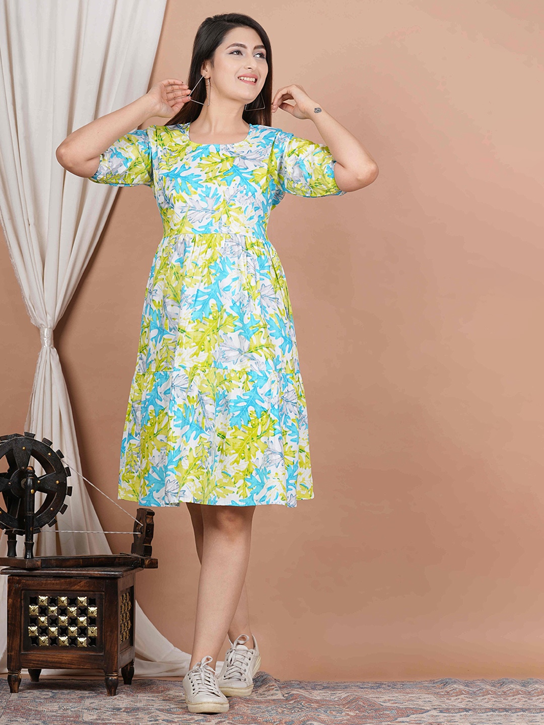 

UNIBLISS Floral Printed Cotton A-Line Dress, Yellow