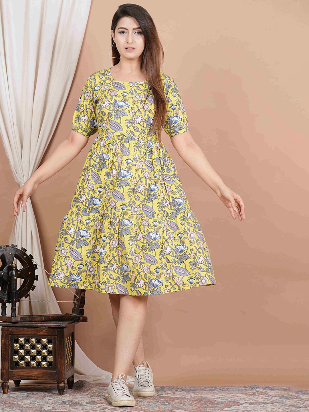 

UNIBLISS Floral Printed Cotton A-Line Dress, Yellow