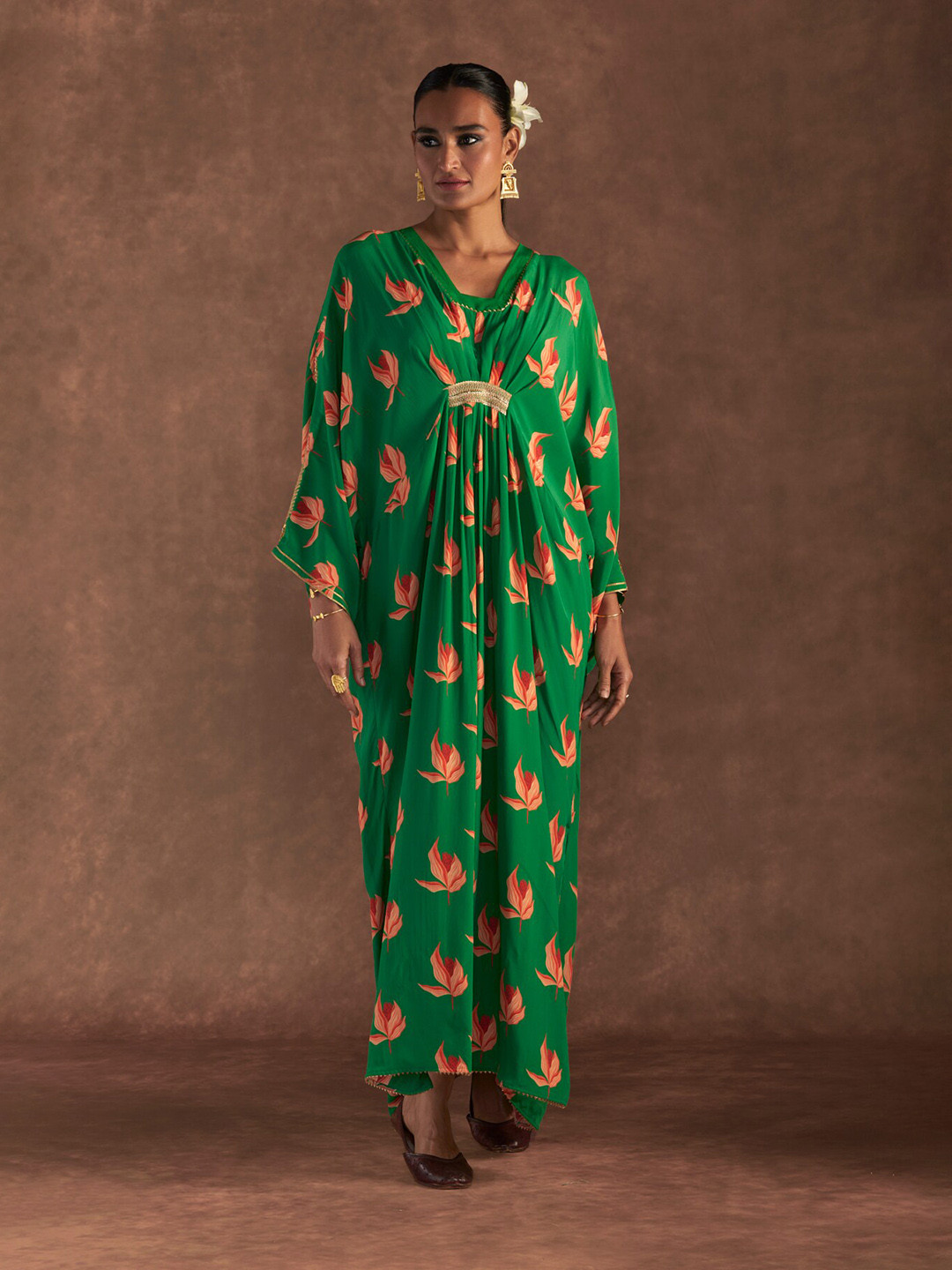 

Masaba Floral Printed Nectar Cup Kaftan Maxi Ethnic Dress, Green