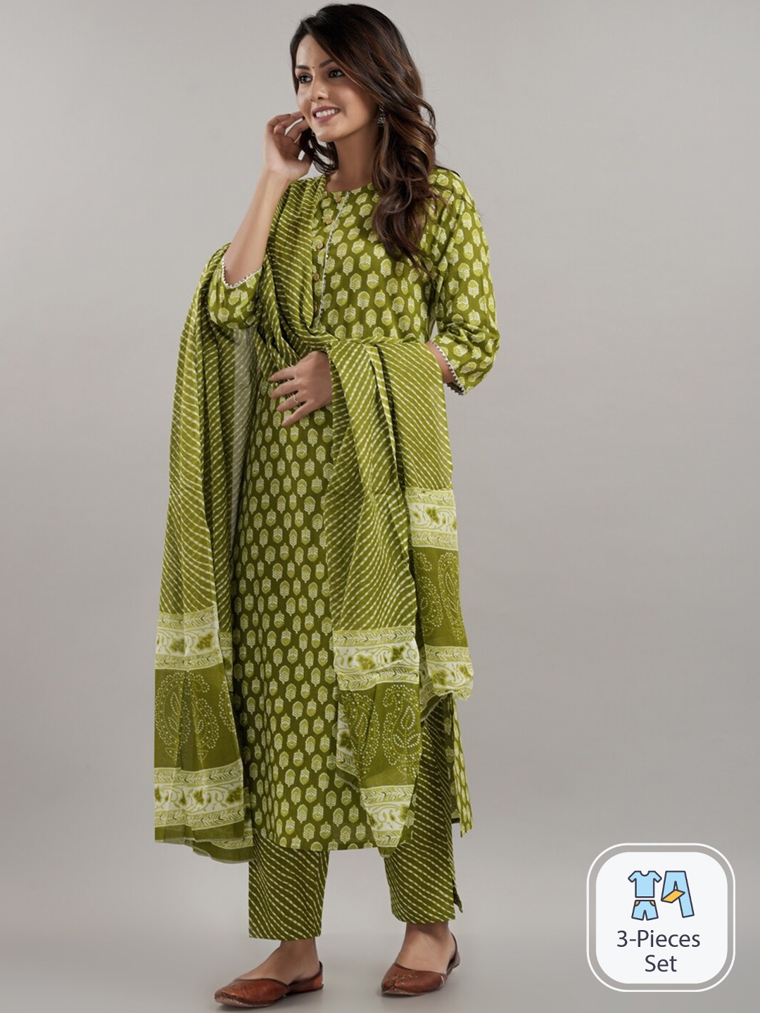 

KALINI Ethnic Motifs Printed Pure Cotton Kurta with Palazzos & Dupatta, Green