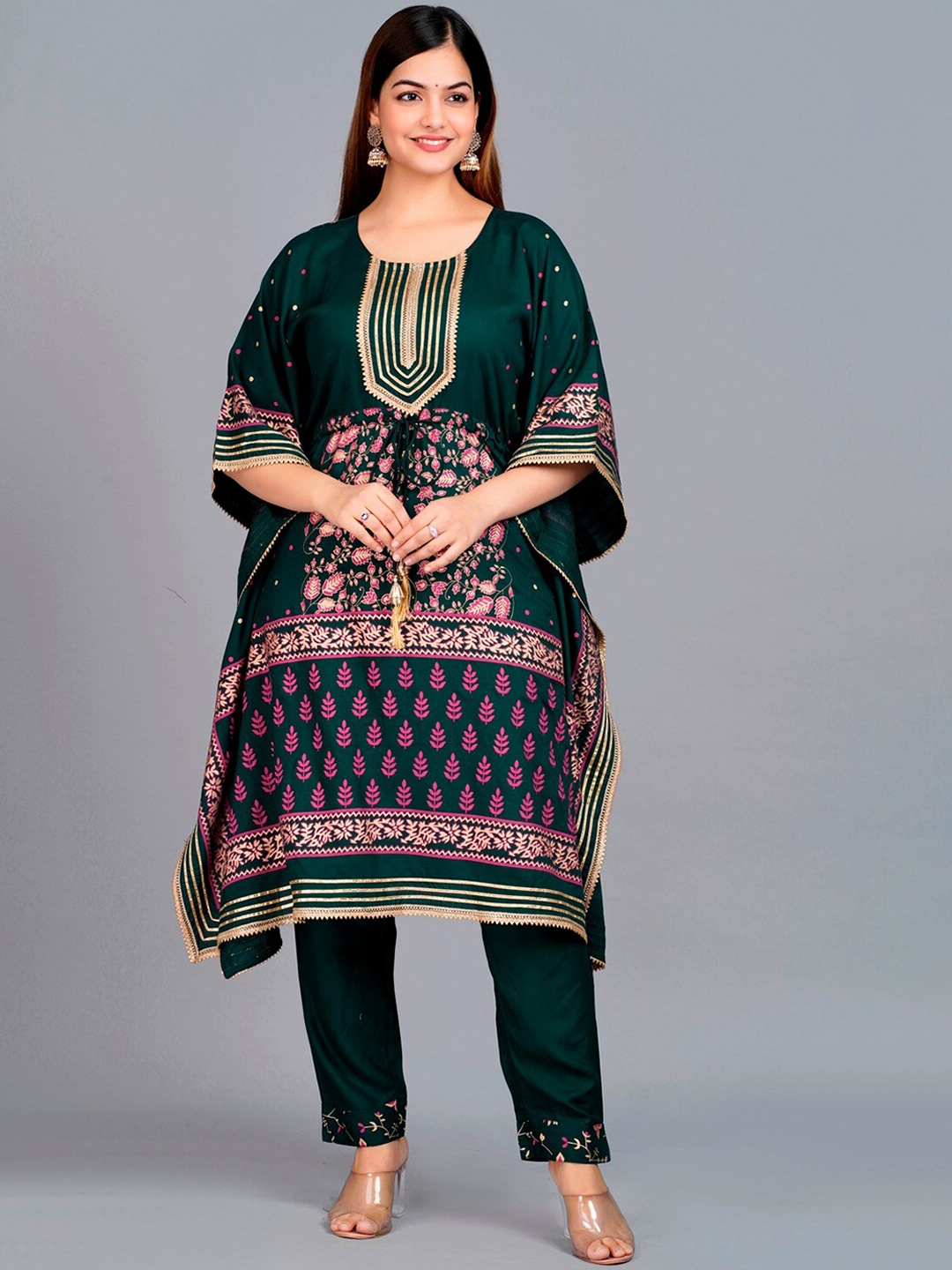 

KALINI Floral Printed Gotta Patti Kaftan Kurta with Trousers, Green