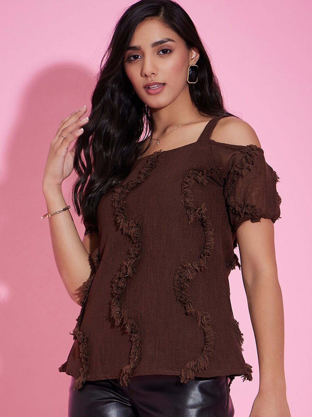 

DressBerry Self Design Cold Shoulder Top, Brown