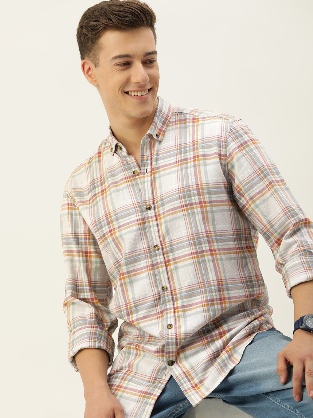 

Mast & Harbour Men Standard Opaque Checked Casual Pure Cotton Shirt, Beige