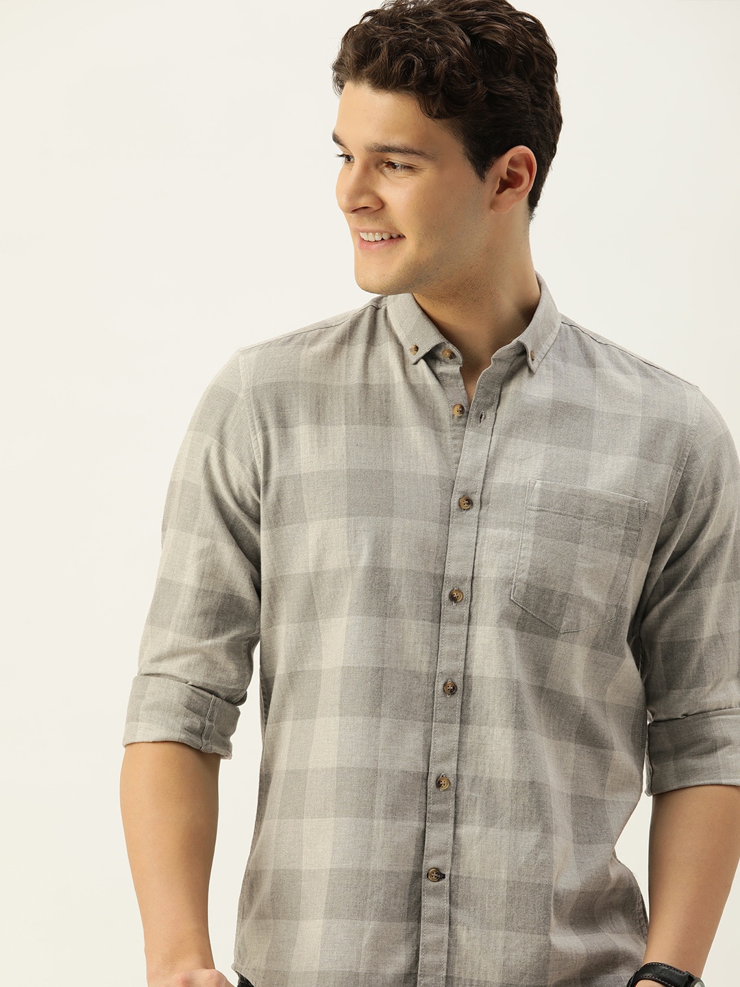 

Mast & Harbour Men Standard Buffalo Checked Casual Pure Cotton Shirt, Grey