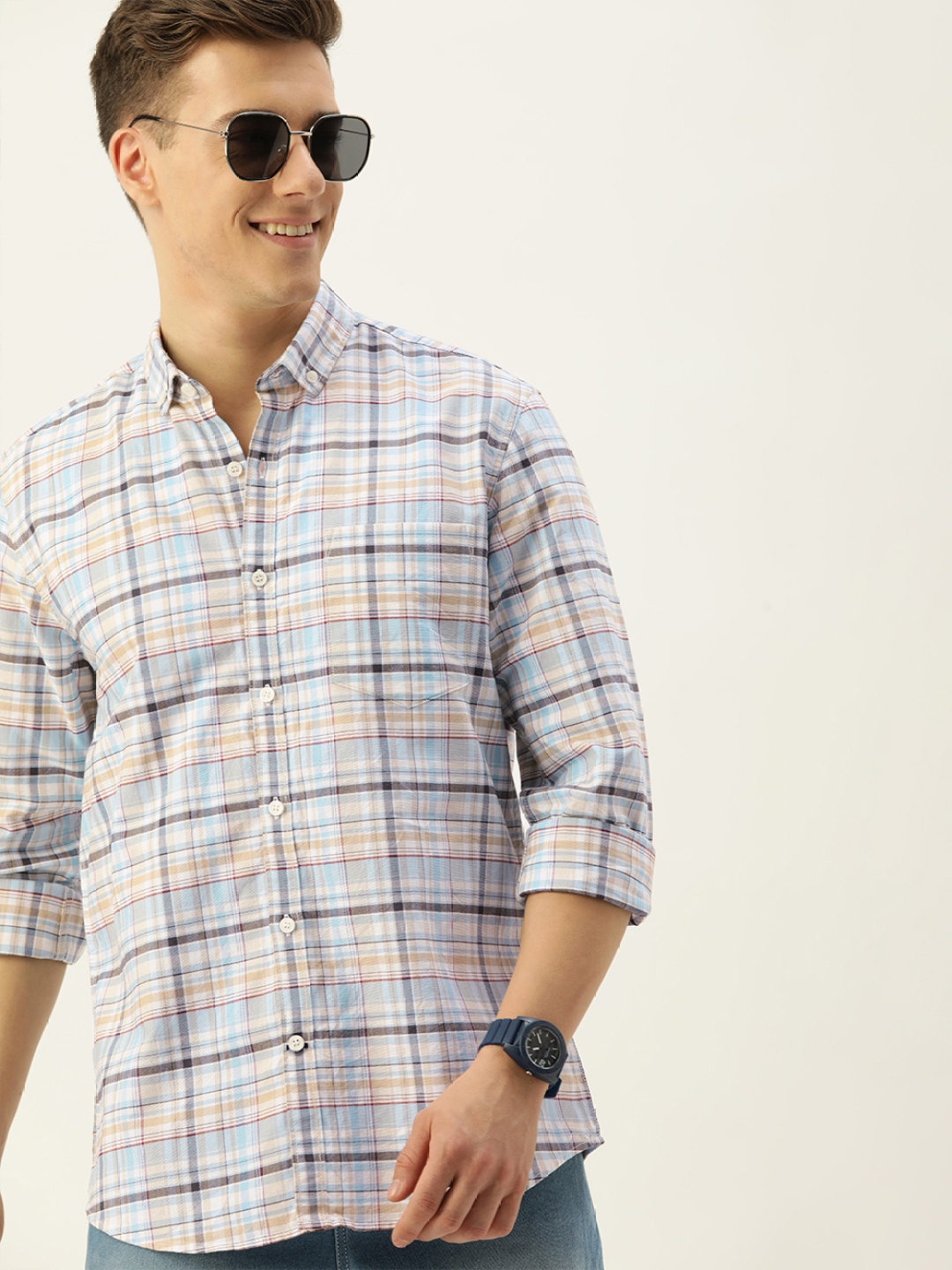 

Mast & Harbour Men Standard Opaque Checked Casual Pure Cotton Shirt, Beige