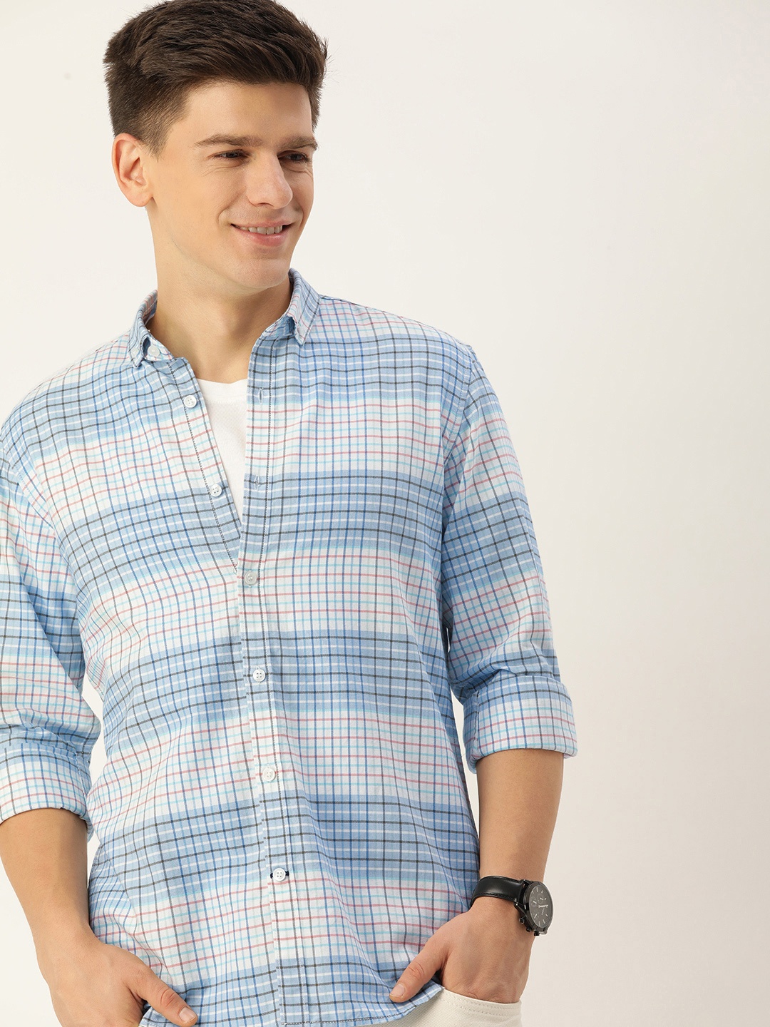 

Mast & Harbour Men Standard Tartan Checked Casual Shirt, Blue
