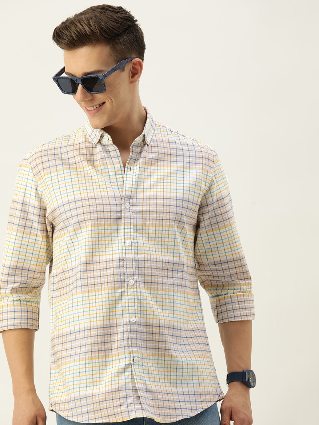 

Mast & Harbour Men Standard Opaque Checked Casual Pure Cotton Shirt, Brown