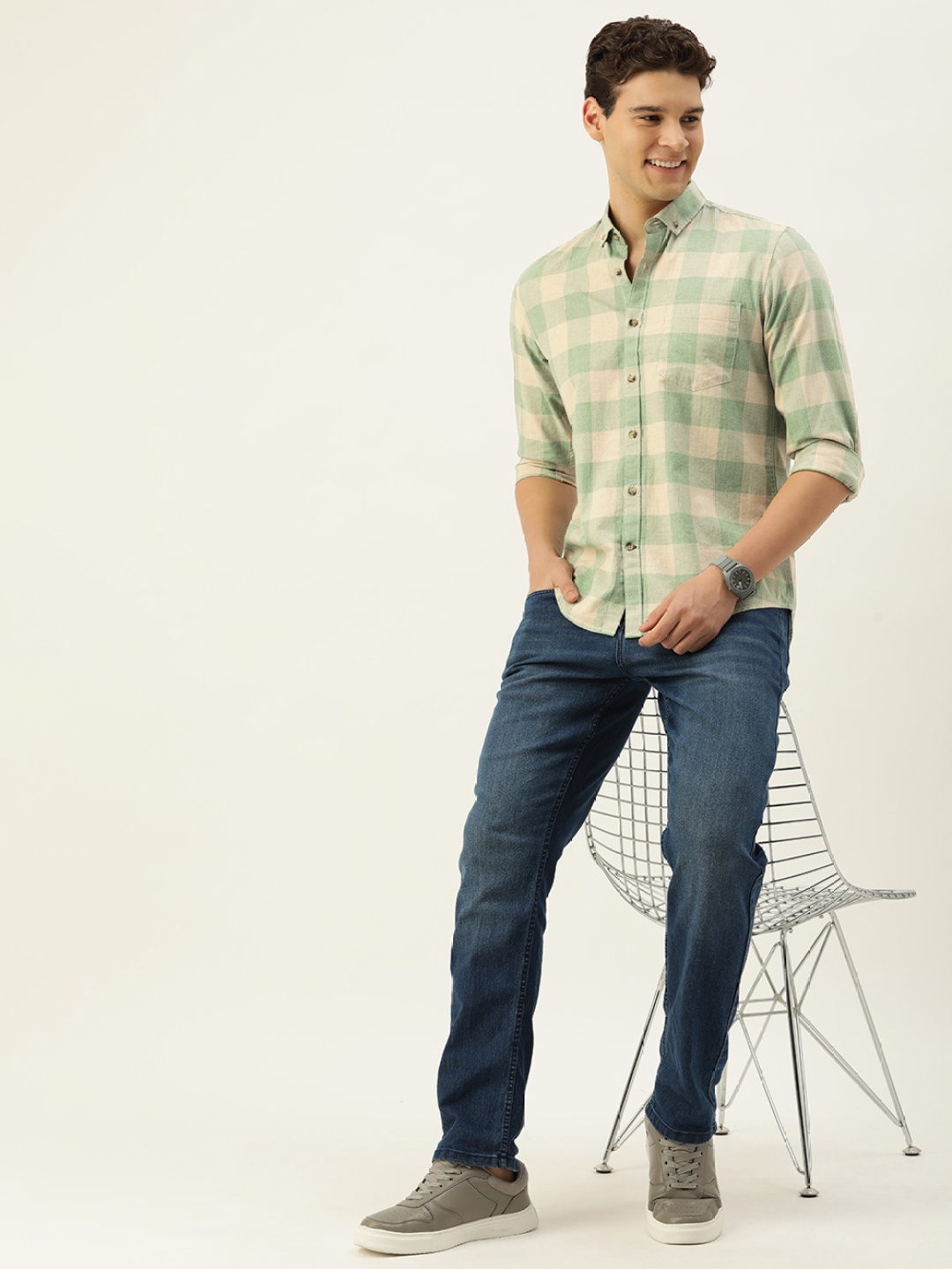 

Mast & Harbour Men Standard Buffalo Checked Casual Pure Cotton Shirt, Green