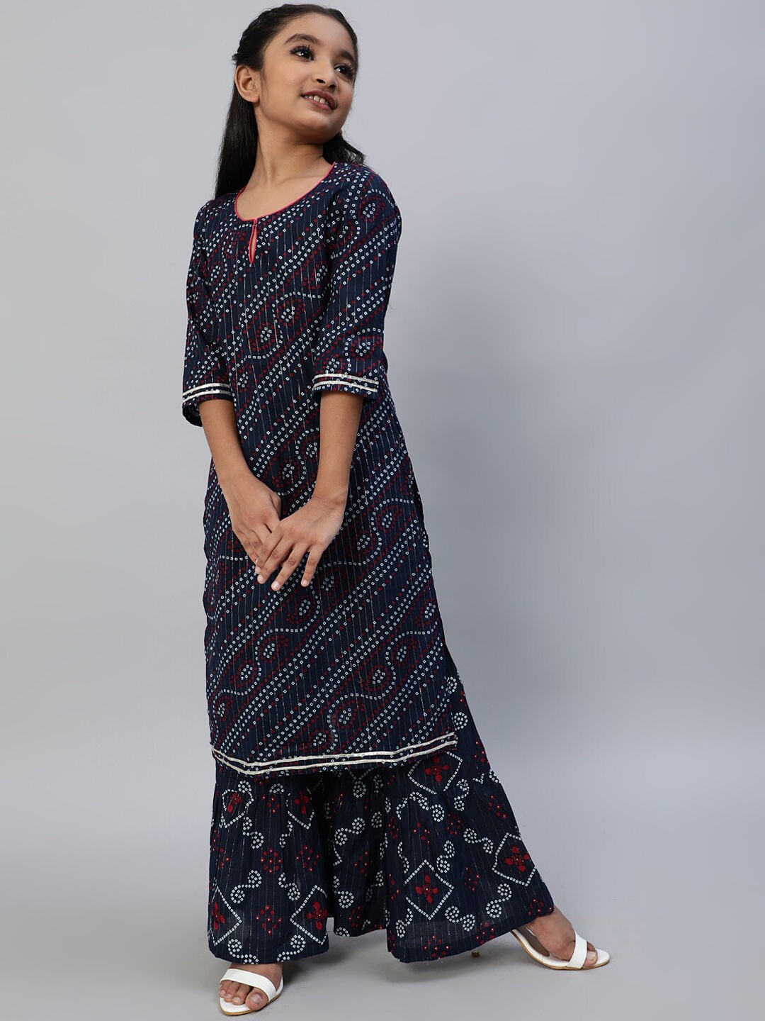 

Aks Kids Girls Bandhani Printed Pure Cotton Kurta With Sharara, Navy blue