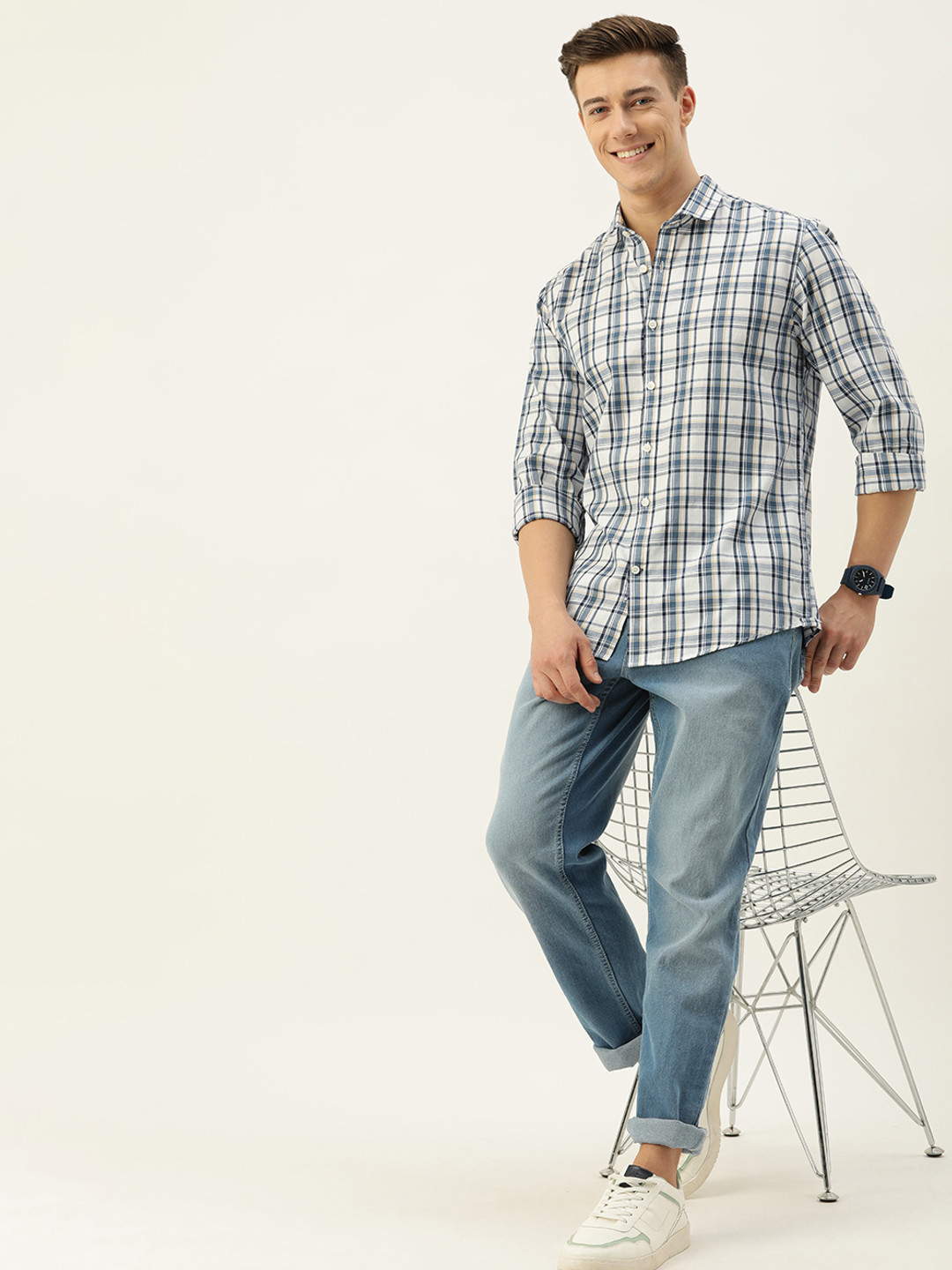 

Mast & Harbour Men Standard Opaque Checked Casual Pure Cotton Shirt, White