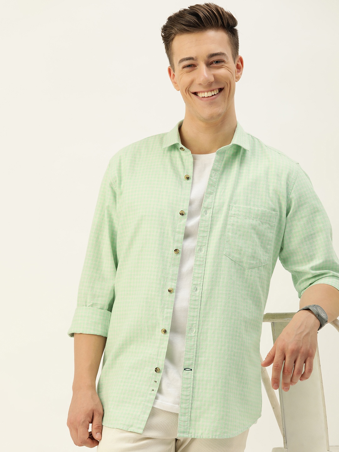 

Mast & Harbour Men Standard Checked Casual Pure Cotton Shirt, Green