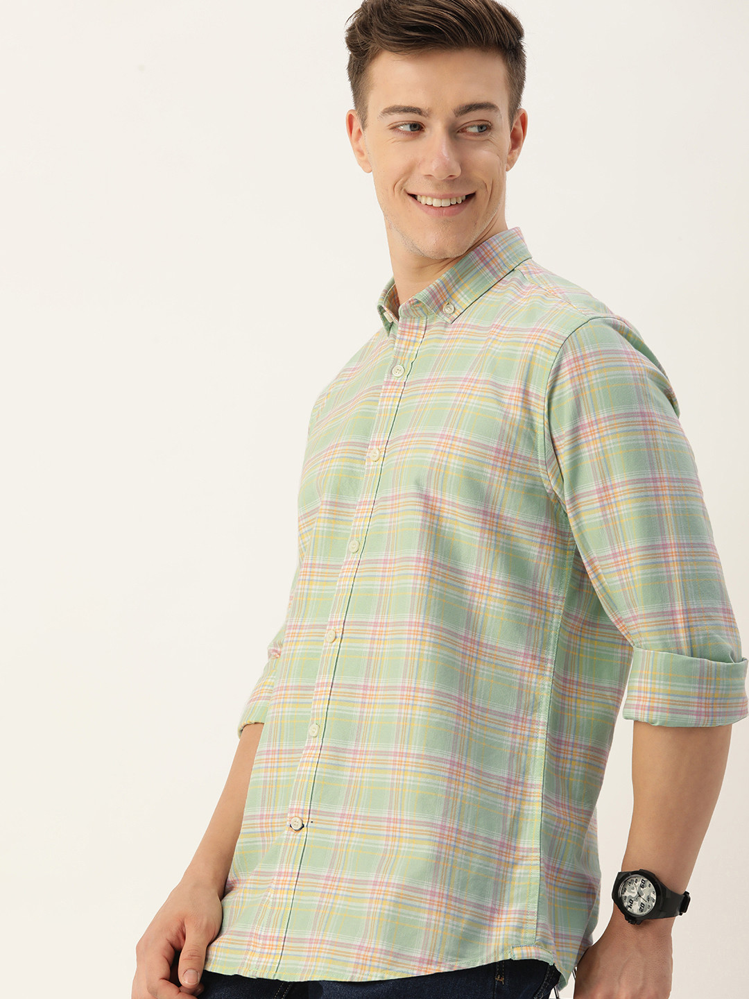 

Mast & Harbour Men Standard Tartan Checked Casual Shirt, Green