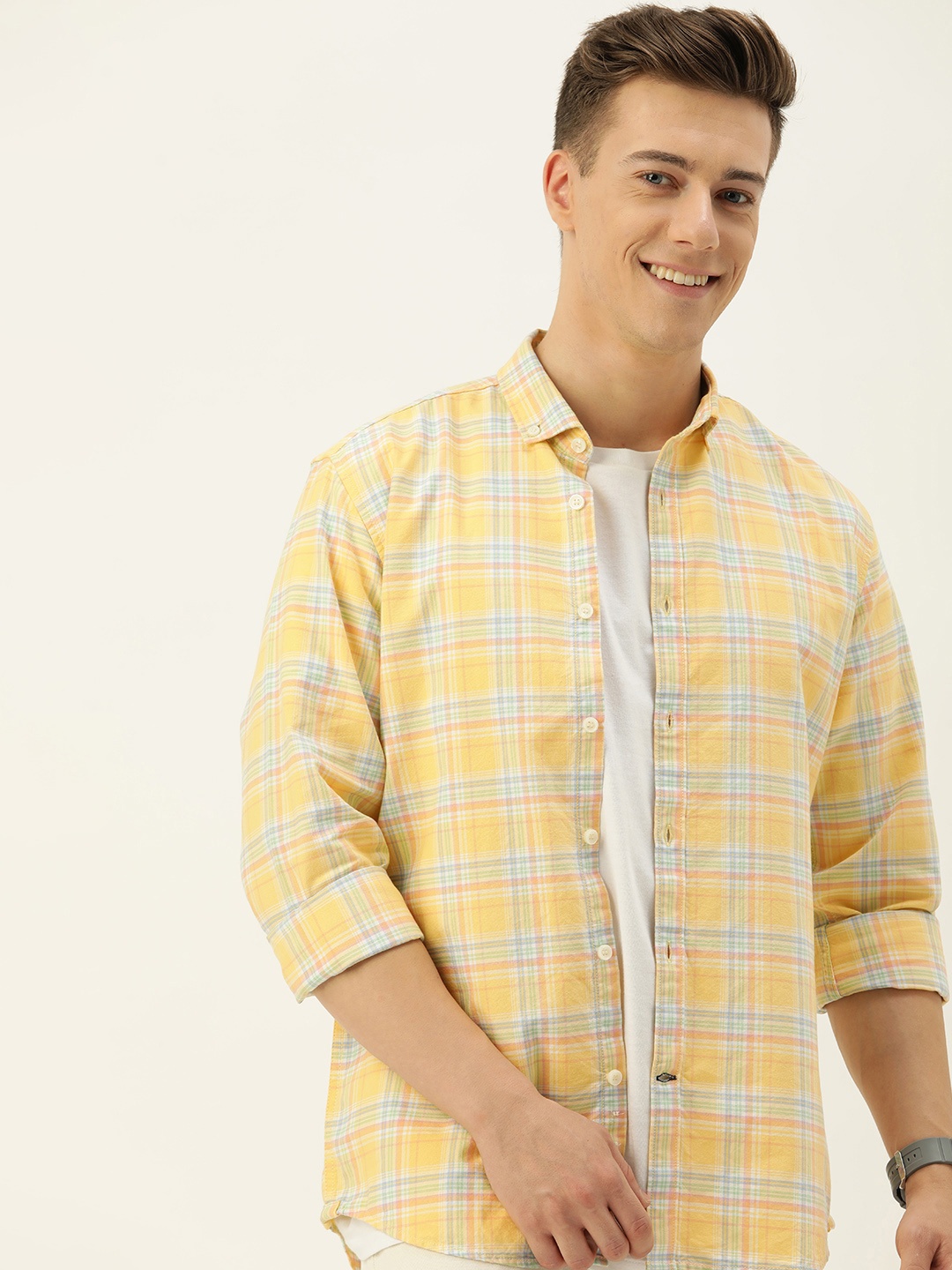 

Mast & Harbour Men Standard Checked Casual Pure Cotton Shirt, Yellow