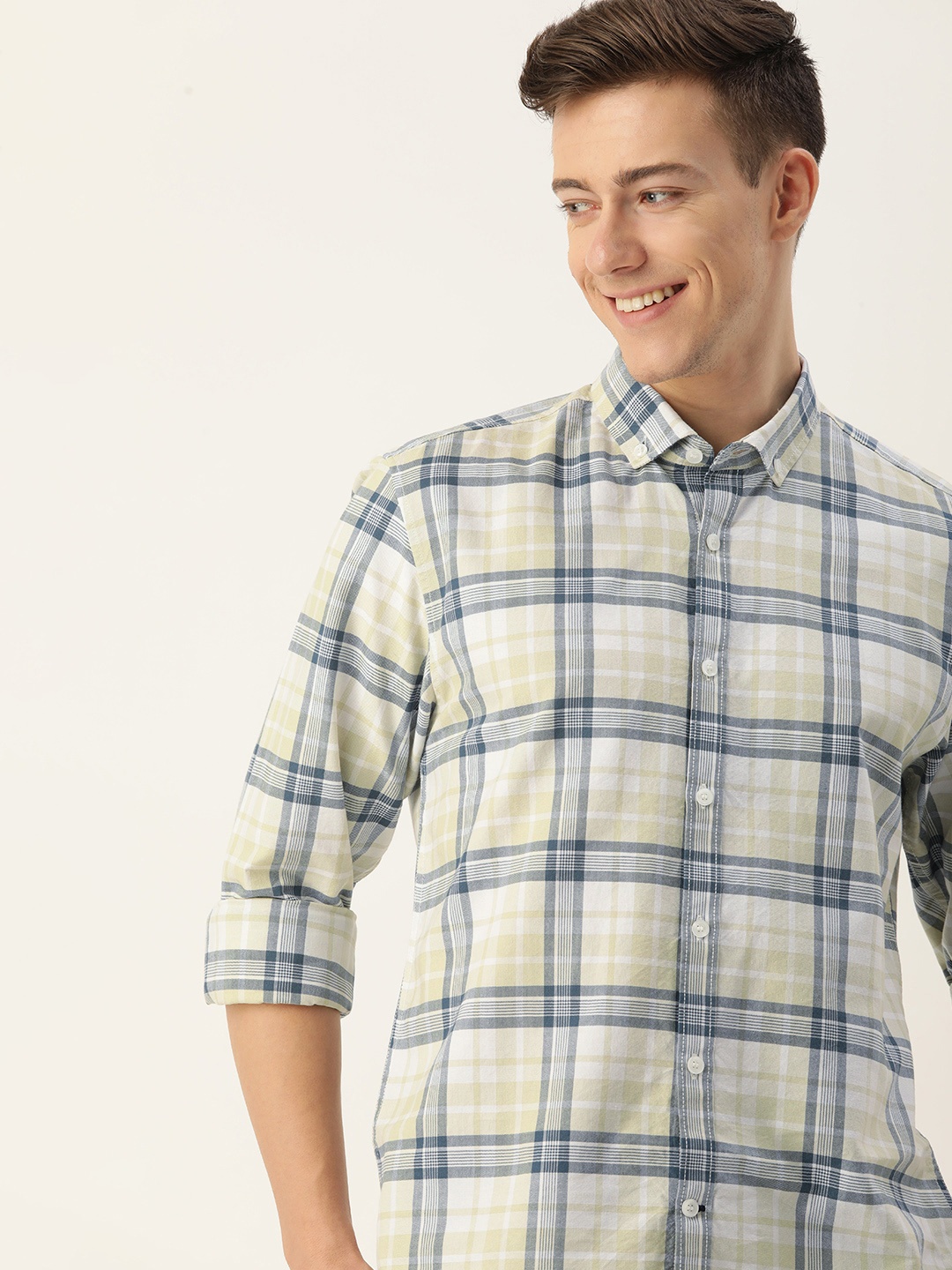 

Mast & Harbour Men Standard Tartan Checked Casual Shirt, Beige